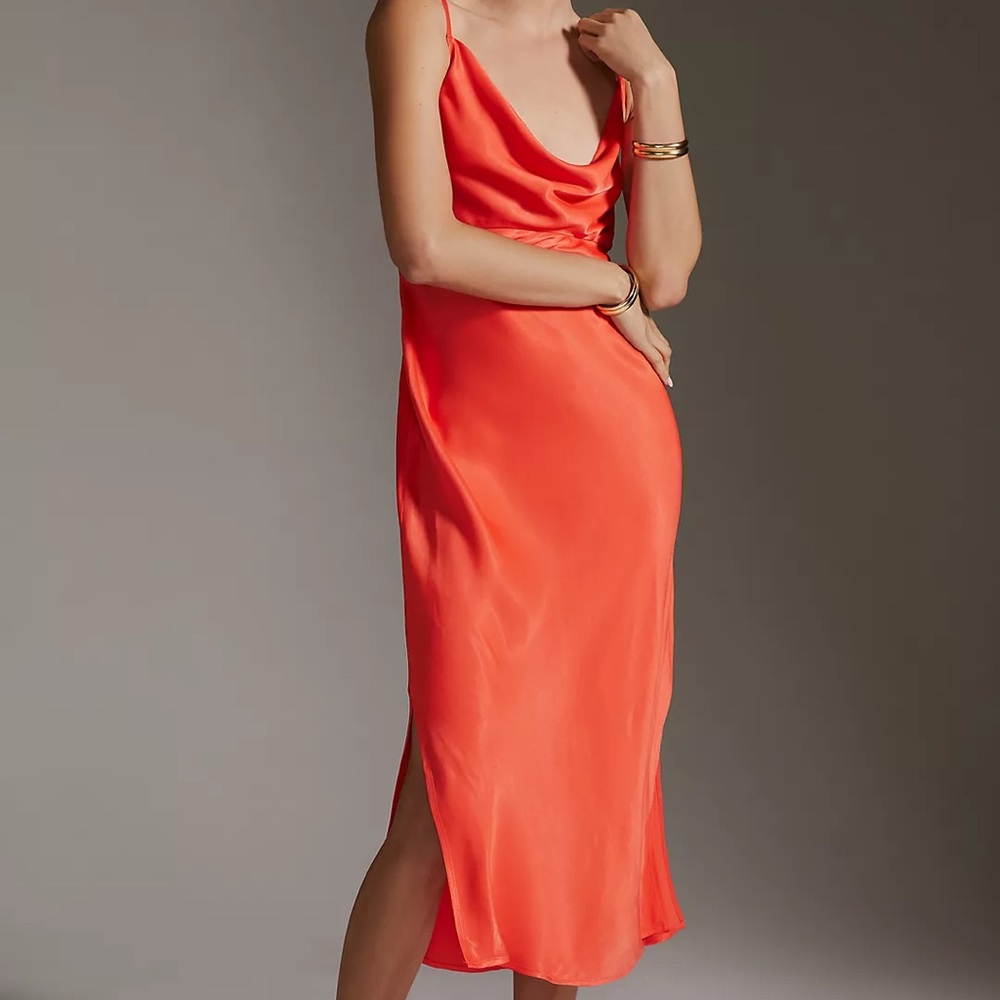 Anthropologie Coral-Orange Satin Slip Midi Dress